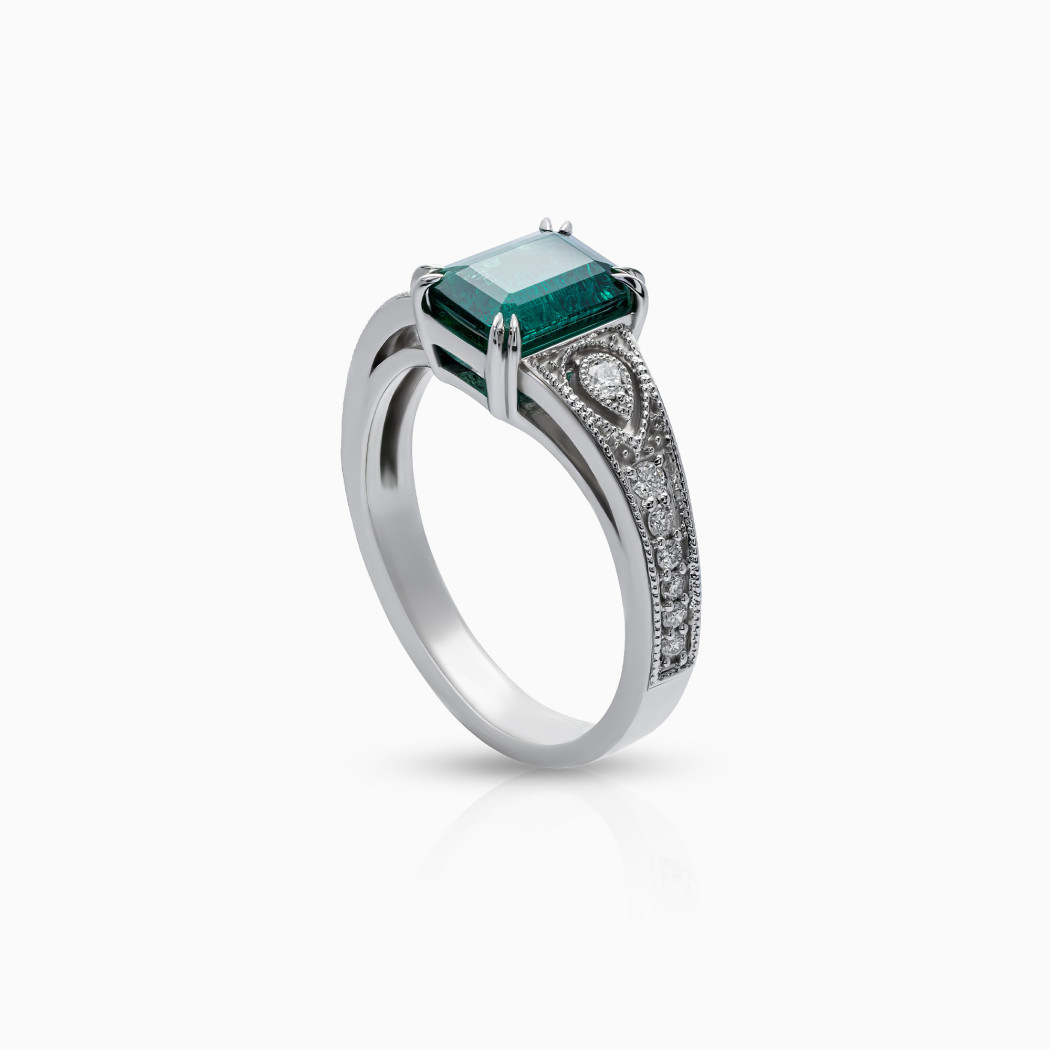 Pierścionek z białego złota ze szmaragdem - 1,59 ct i diamentami - 0,18 ct - próba 585