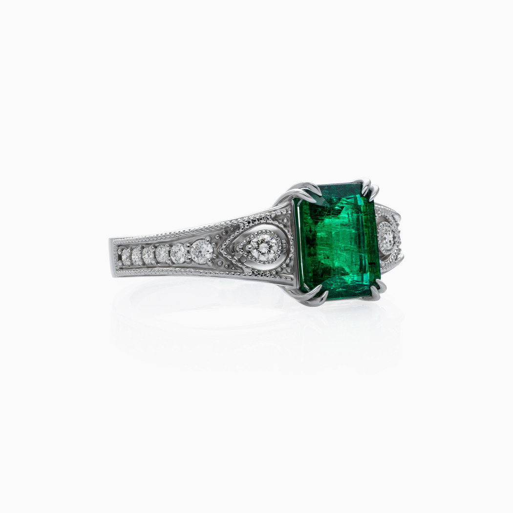 Pierścionek z białego złota ze szmaragdem - 1,59 ct i diamentami - 0,18 ct - próba 585