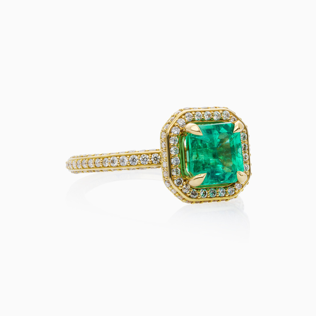 Pierścionek z żółtego złota ze szmaragdem - 1,65 ct  i diamentami - 0,84 ct - próba 750