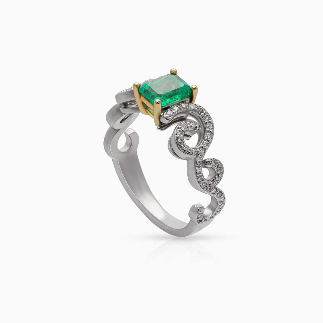 Pierścionek z białego złota ze szmaragdem - 0,77 ct i diamentami  -  0,34 ct - próba 585
