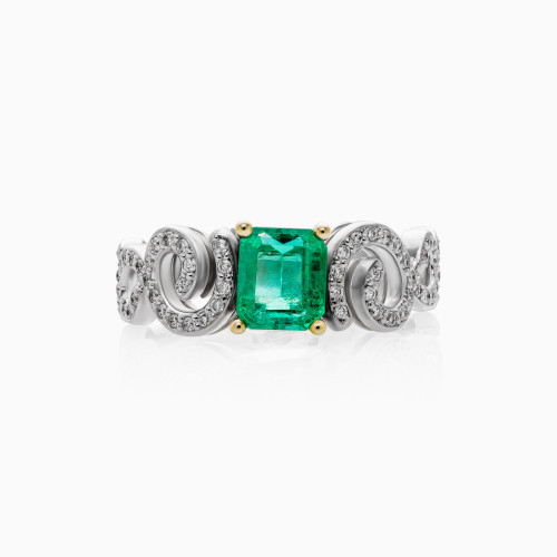 Pierścionek z białego złota ze szmaragdem - 0,77 ct i diamentami  -  0,34 ct - próba 585